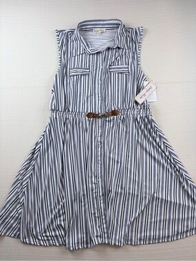 Sleeveless Blue & White Striped Midi Shirt Dress with Brown Belt